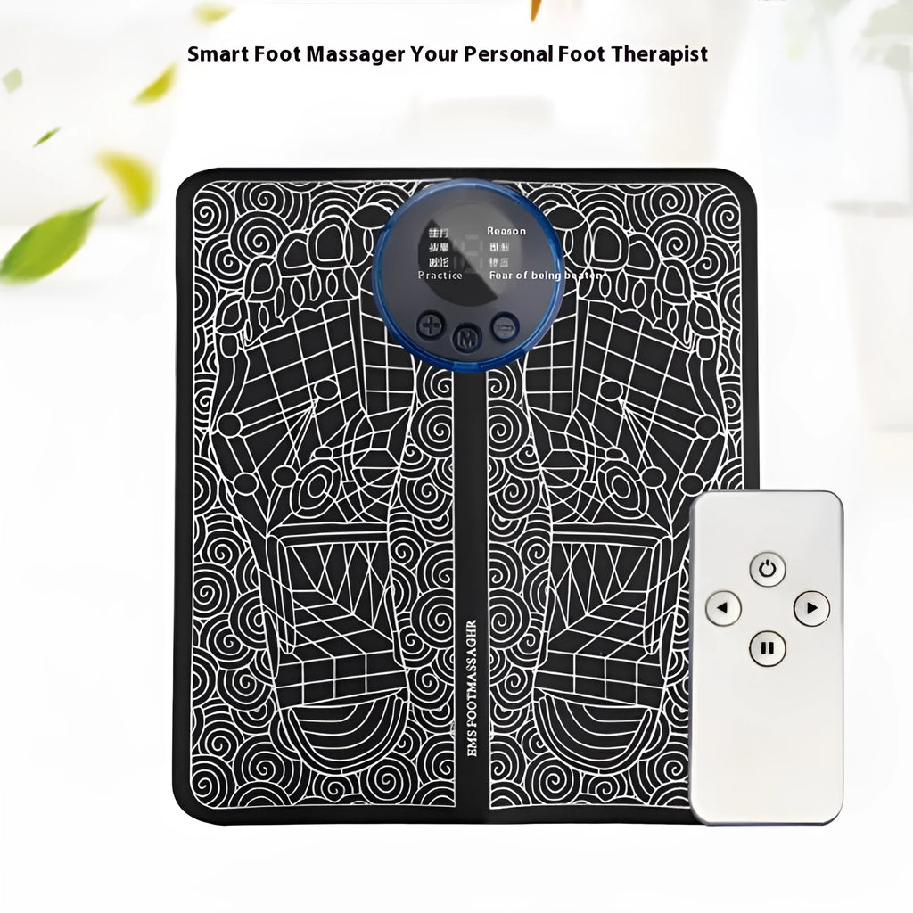 Leather foot massage cushion with LCD screen and wireless remote control on a floor