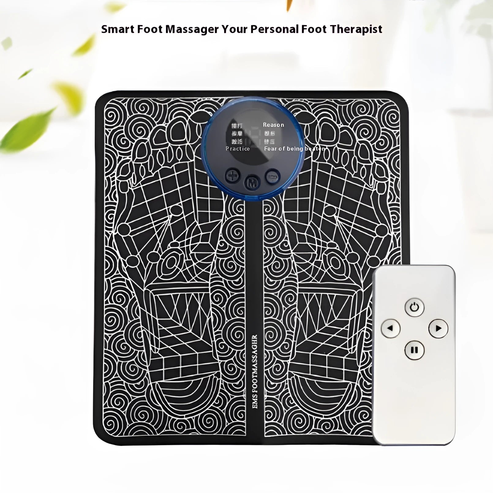 Leather foot massage cushion with LCD screen and wireless remote control on a floor