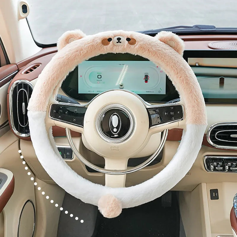 Plush rabbit fur steering wheel cover with embroidered cartoon animal pattern showing 38cm diameter