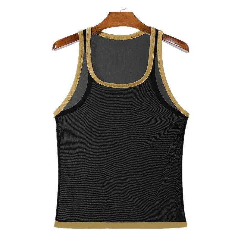 Men's black mesh fitness vest with straight hem design for sports and gym workouts