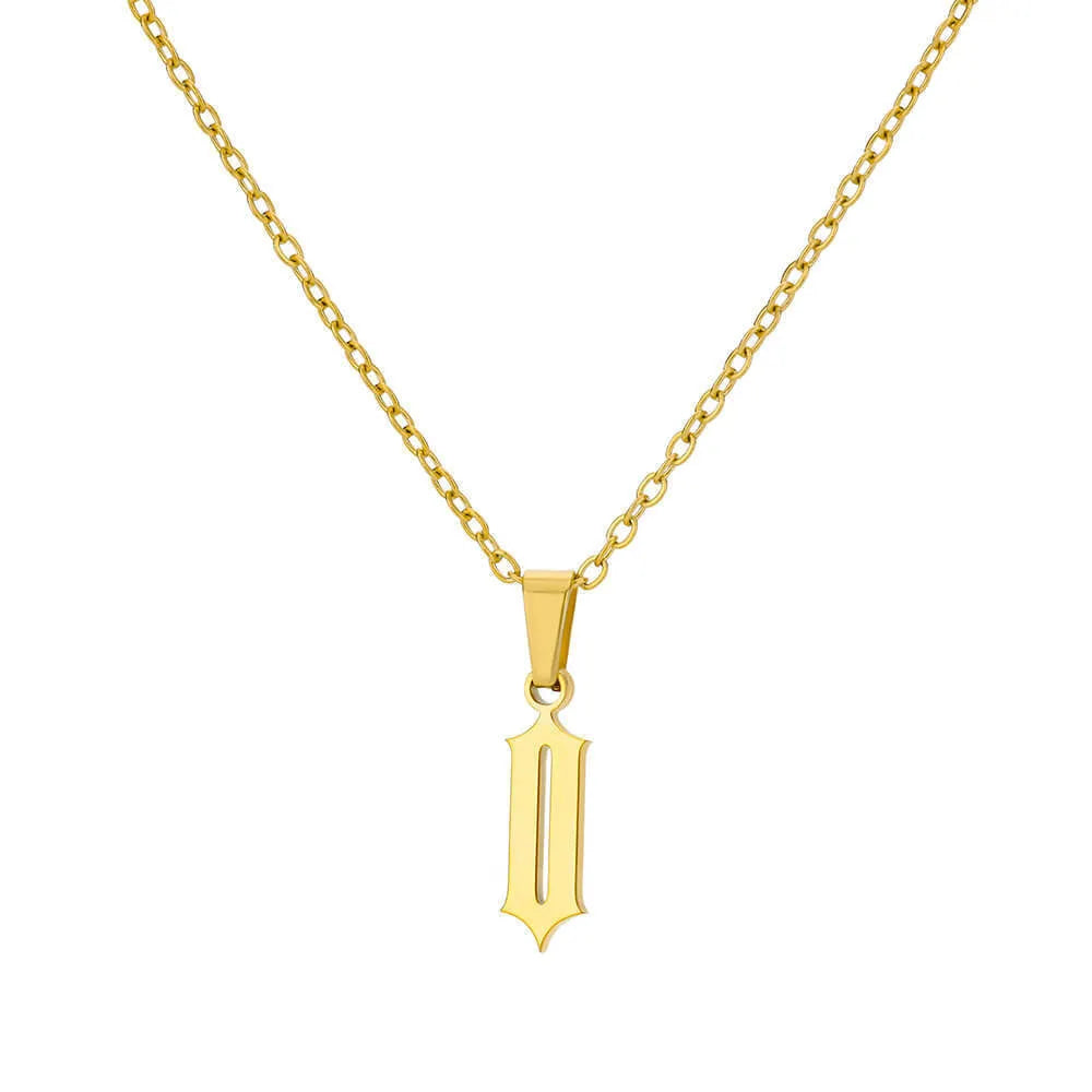 Gold stainless steel ancient English letter pendant necklace with O-ring chain on white background