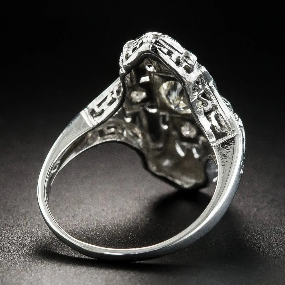 Hollow out geometric silver colour ring with diamond studs on a copper base