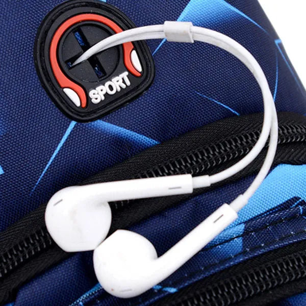 Men's print sling chest bag with earphone hole, Oxford cloth construction, showing front view with zipper opening