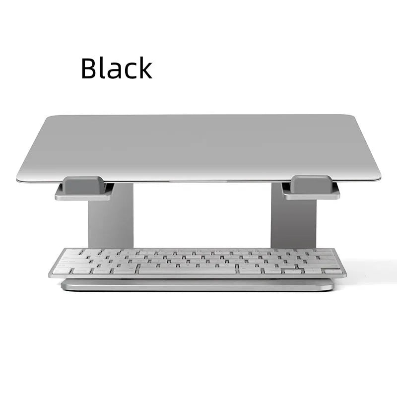 Aluminium alloy laptop stand in black or silver measuring 29.9 x 25.8 x 18.5 cm on a desk