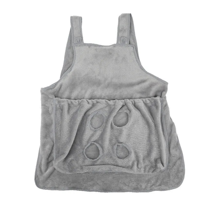 Plush pet carrier apron in beige with adjustable neck strap for small cats and dogs