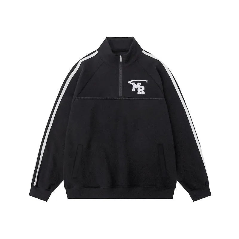 Black American retro style sports hoodie with stand collar and long sleeves