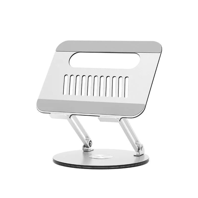 Silver aluminium laptop stand with height adjustment and rotatable design