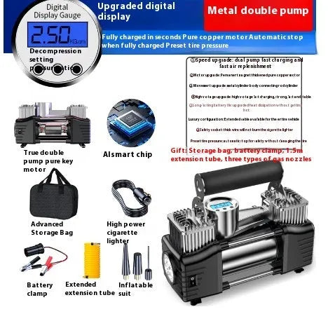 High-power portable car inflator with double cylinder digital display, battery clip, and air nozzle on black background