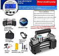 High-power portable car inflator with double cylinder digital display, battery clip, and air nozzle on black background