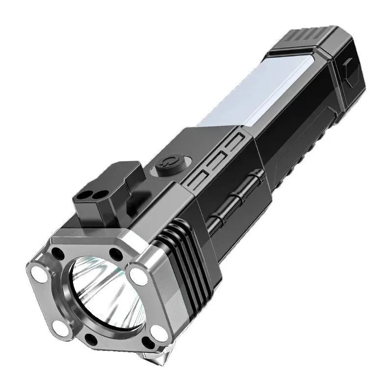 Silver plastic LED torch with integrated power bank, shown with USB port for charging devices.
