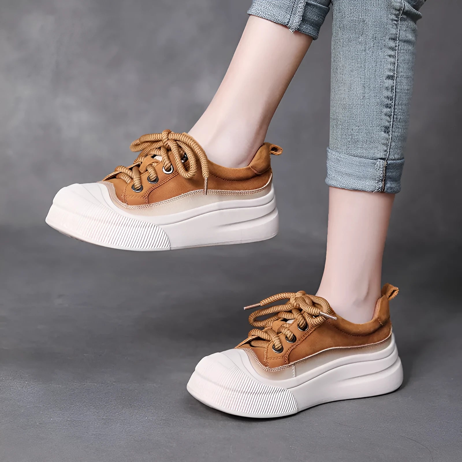 Women's yellow and cameo brown cow leather lace-up casual shoes with round toe and rubber soles