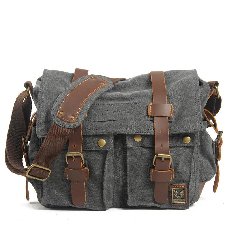 Men's army green canvas crossbody shoulder bag with a brown leather flap and single strap.