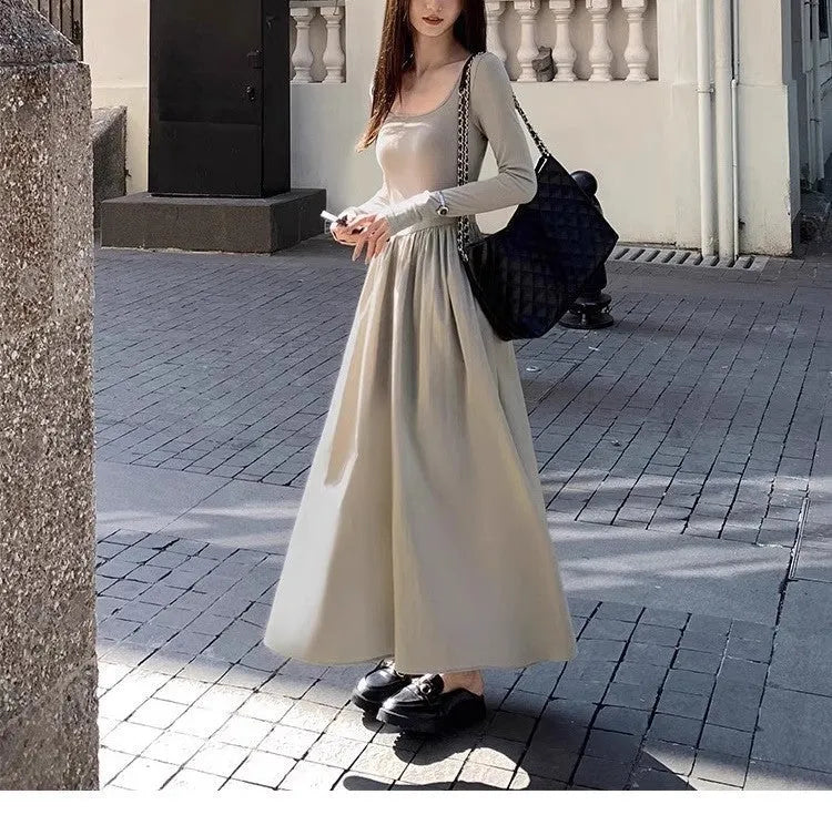 Women's black knitted A-line long sleeve dress with square collar and elasticated waist