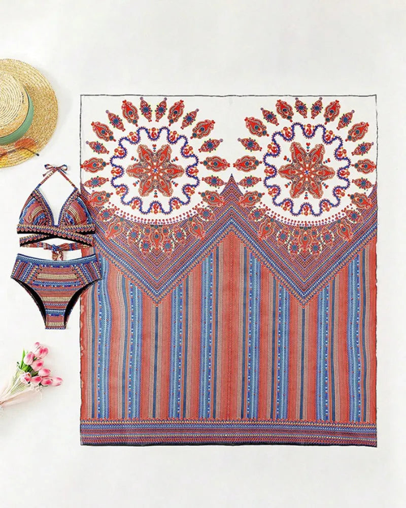Women's three-piece split swimsuit set showing high-waist briefs and cutout blouse in polyester fabric