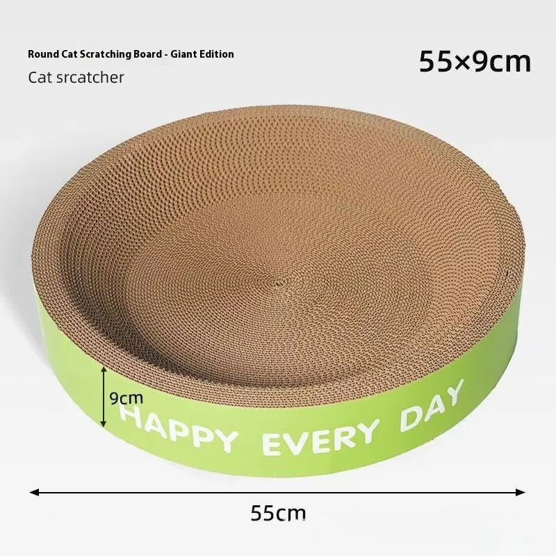 A green round cat nest with a built-in scratching board, shown in 50cm and 55cm size options.