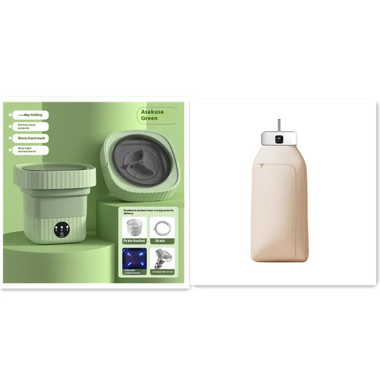 White cylindrical compact clothes dryer with remote control folded for storage
