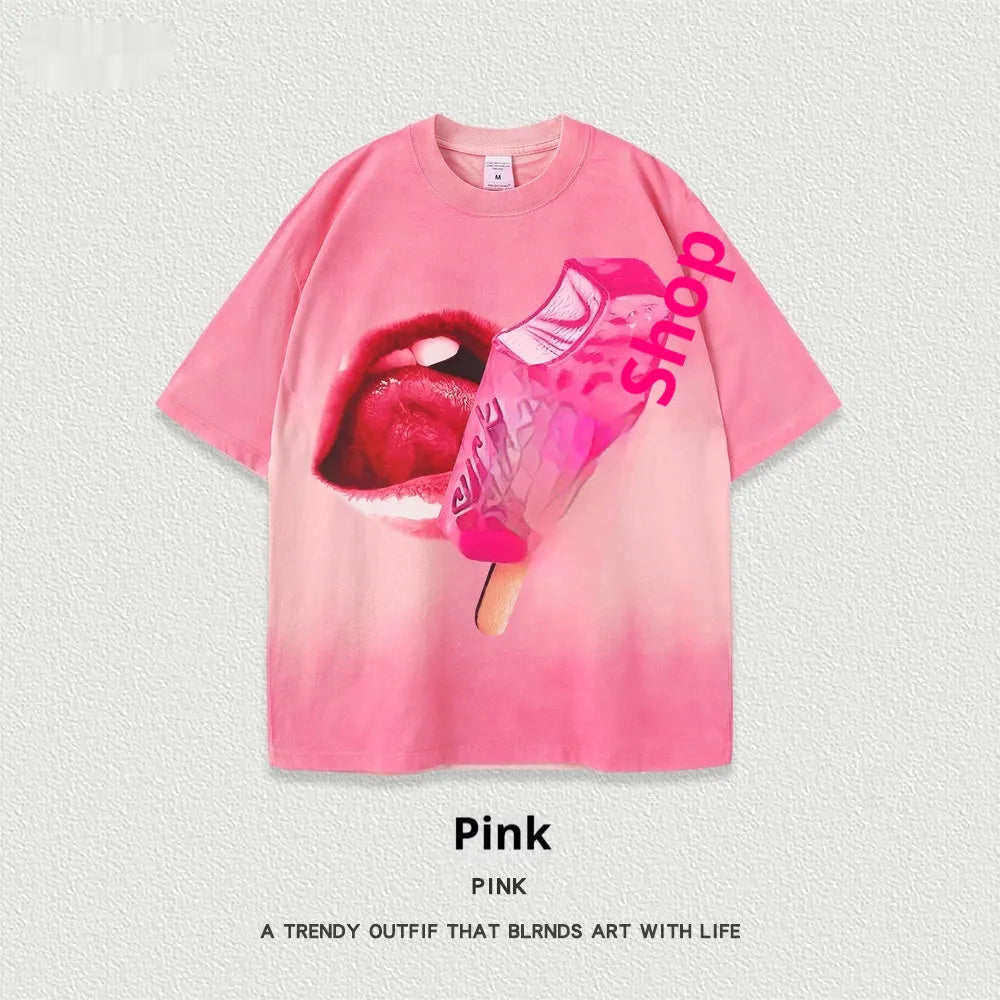 A loose-fit short-sleeved T-shirt with a cartoon print, shown in a heavy washed cotton fabric.