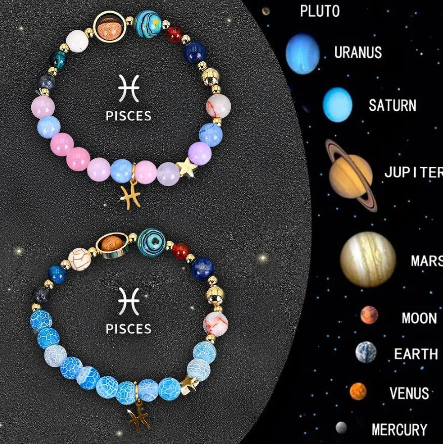 Set of two natural stone beaded bracelets with zodiac sign charms on an adjustable band