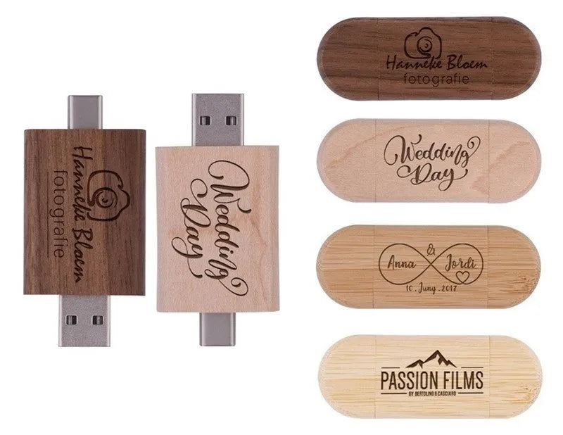 Carved wooden USB flash drive with phone ornament in various wood finishes