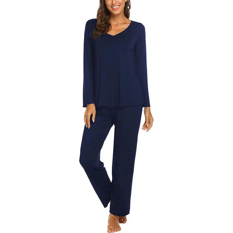 Women's casual solid colour milk silk V-neck long sleeve loungewear set in navy blue with matching trousers
