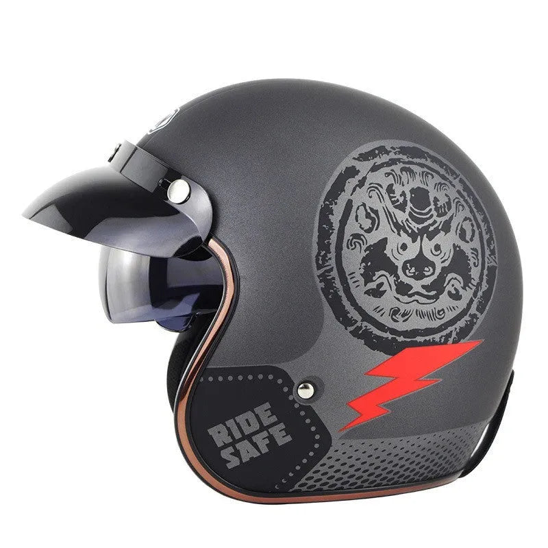 Retro style half helmet for motorcycle riding shown in multiple colour options on a grey background