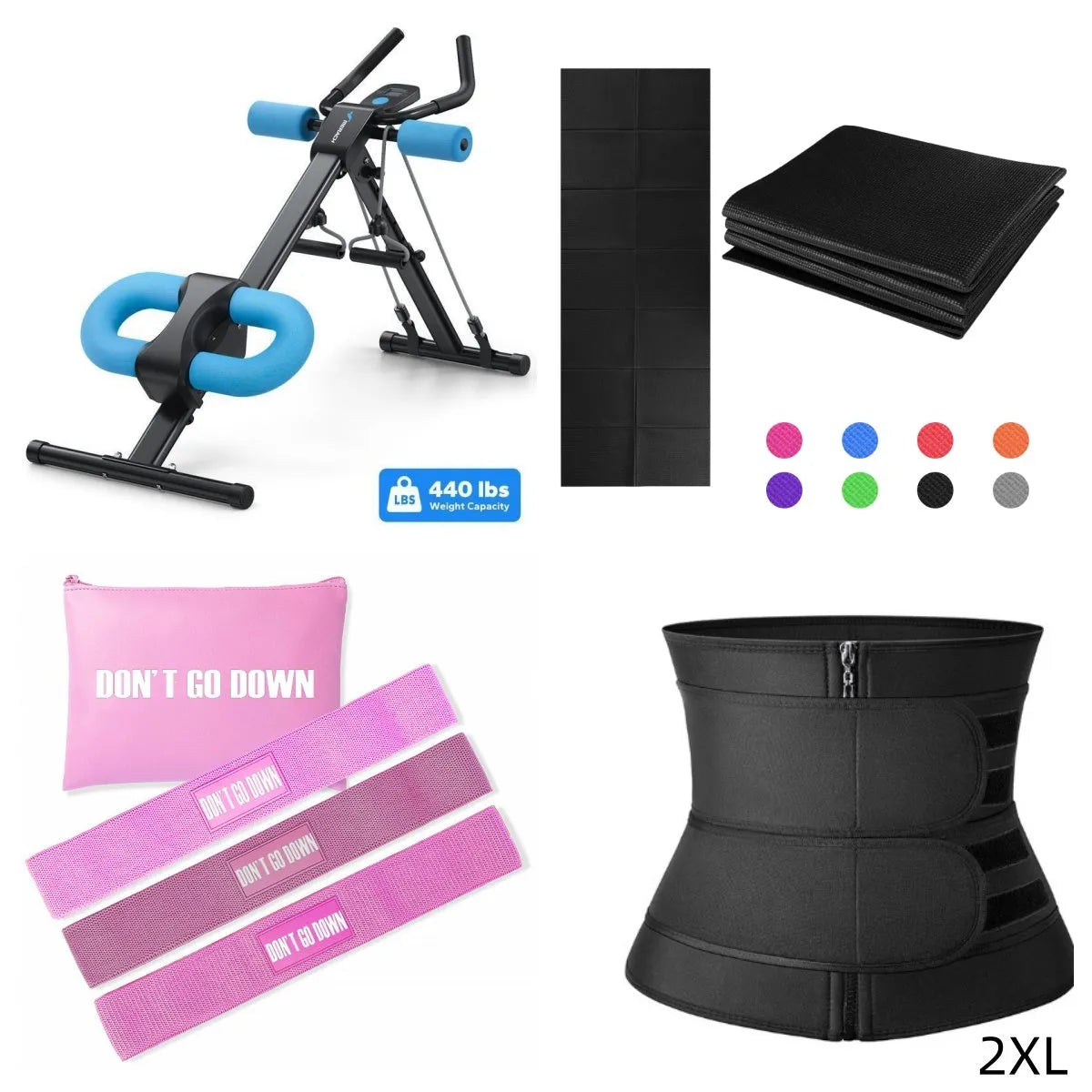 AB Rocket waist-shaping machine with steel frame, foam padding, and blue count drawstring for home core fitness