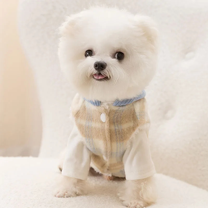 Blue corduroy dog hooded vest with chessboard grid pattern and reflective strips