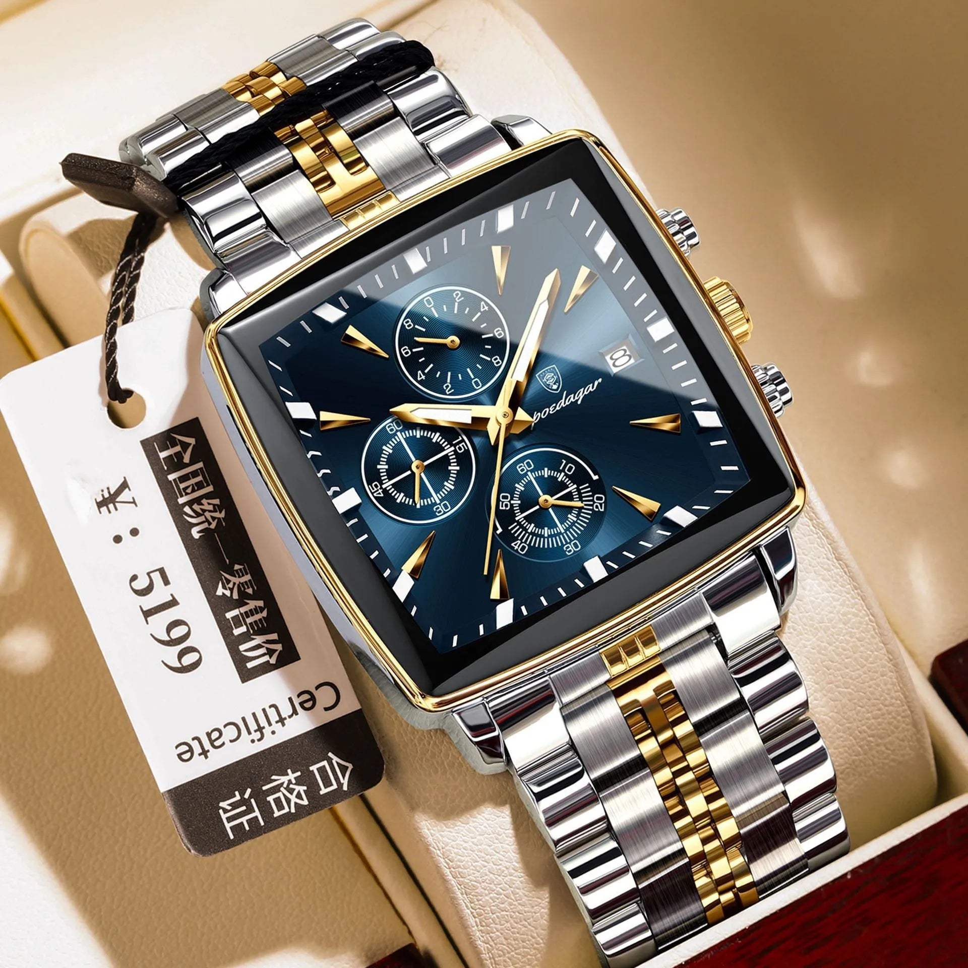 Square men's business watch with stainless steel strap and multiple colour configuration options