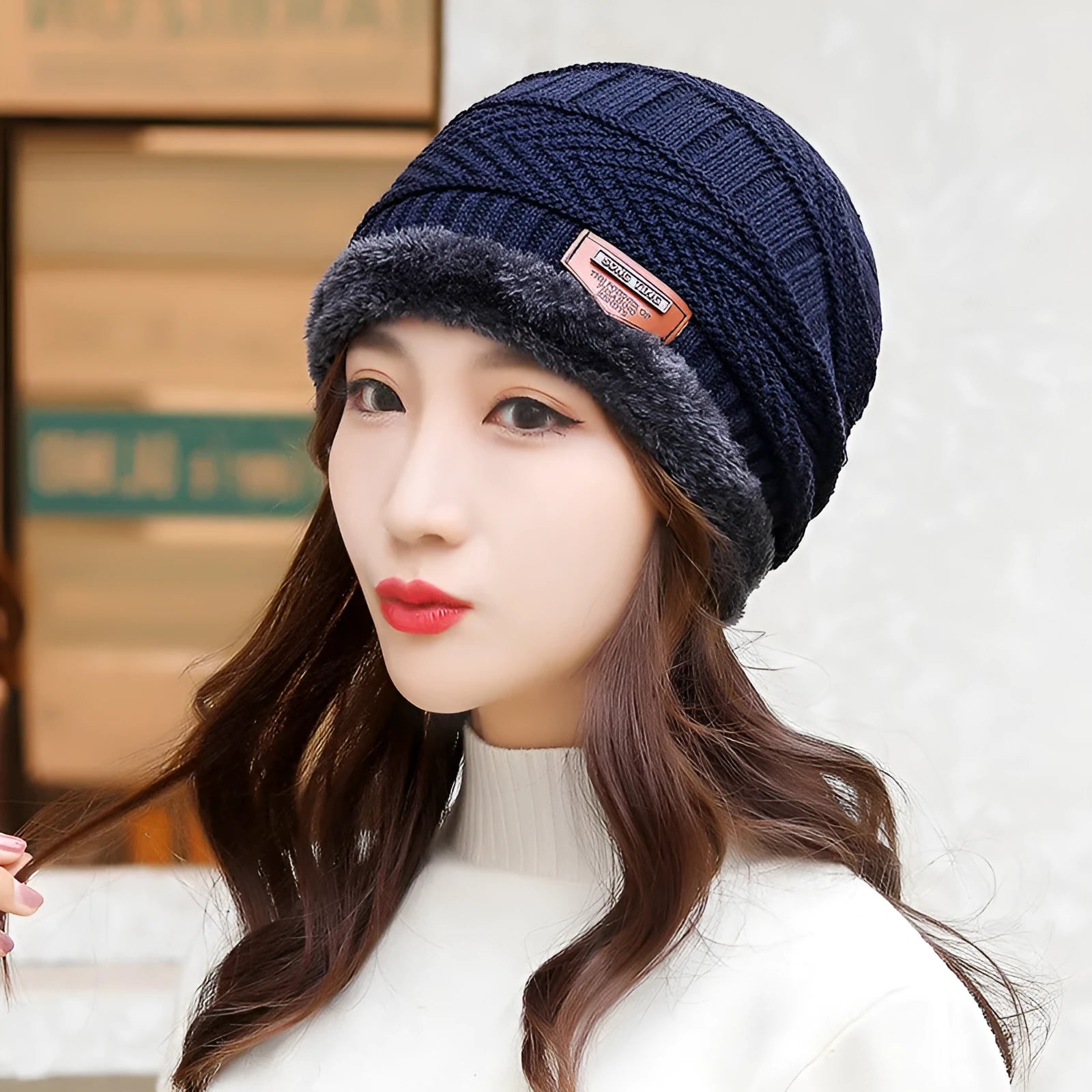 Coral Fleece Balaclava Winter Hat – wool knit dome beanie with fleece lining, unisex one size, navy blue shown