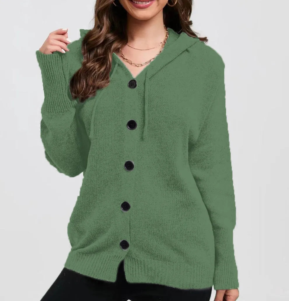 Women's solid colour thick cotton hooded cardigan sweater with 3D pattern, shown in loose fit.
