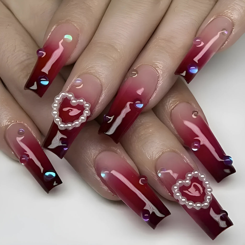 Wine red gradient false nail tips with pearl heart design and plaid pattern