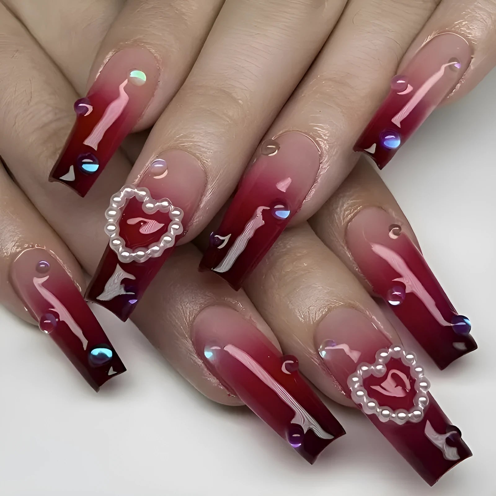 Wine red gradient false nail tips with pearl heart design and plaid pattern