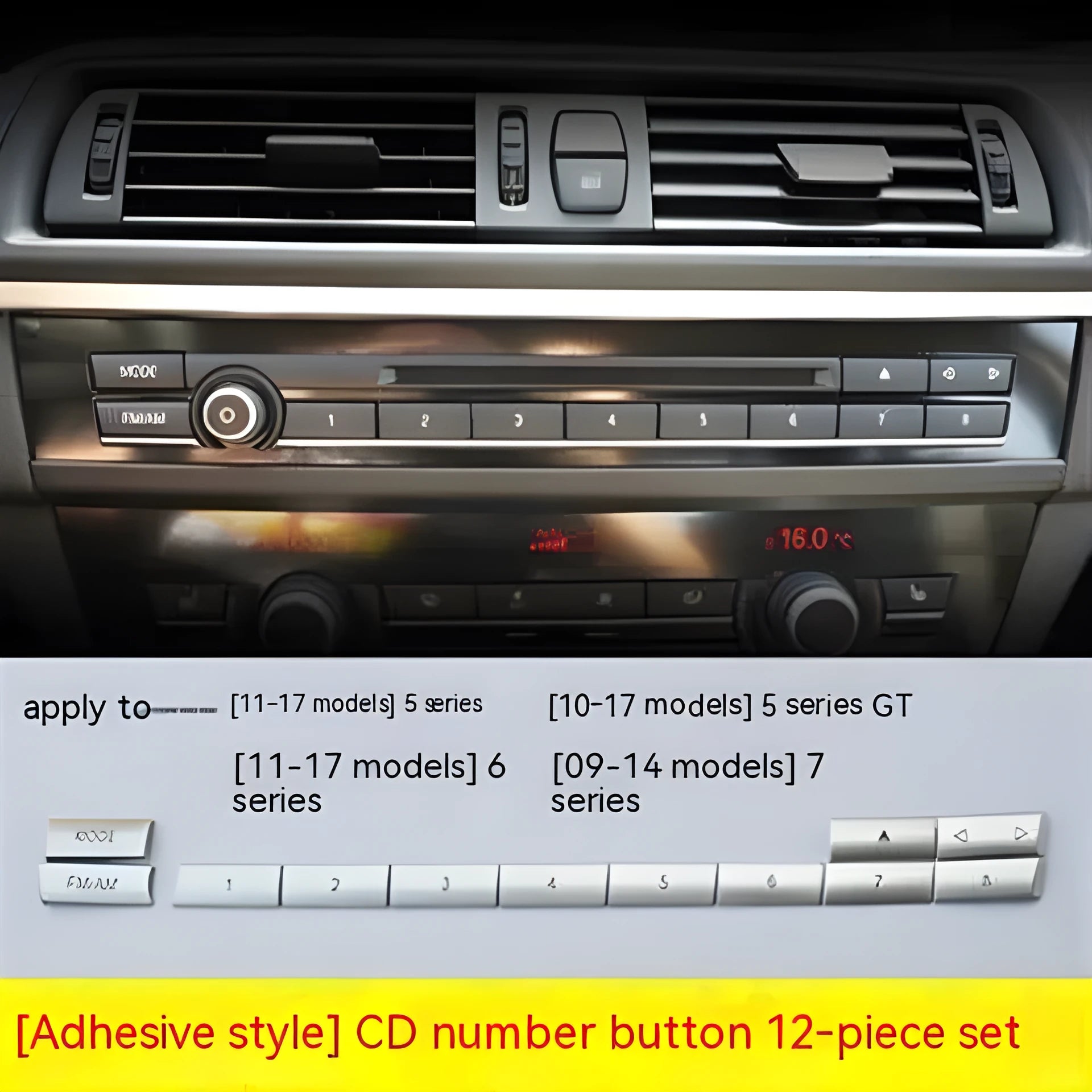 Silver automotive air conditioning control buttons and CD digital button stickers replacement set
