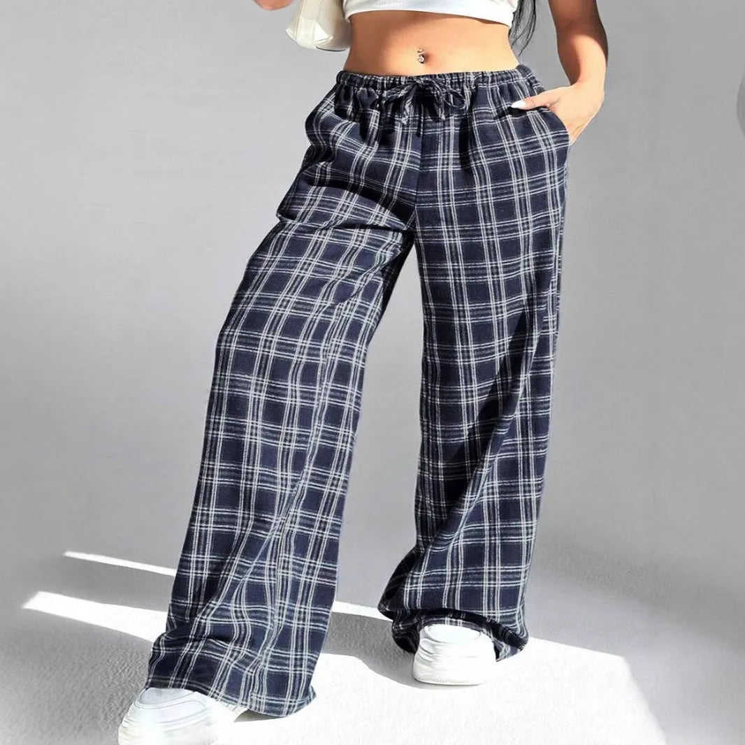 Women's plaid casual trousers with elastic drawstring waist and side pockets in blue colour