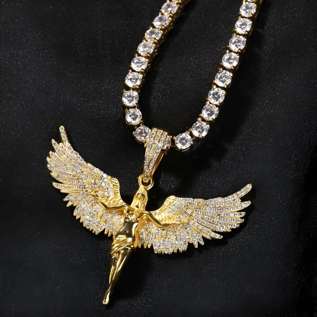 Copper retro angel wings diamond pendant necklace with 24-inch chain in gold finish