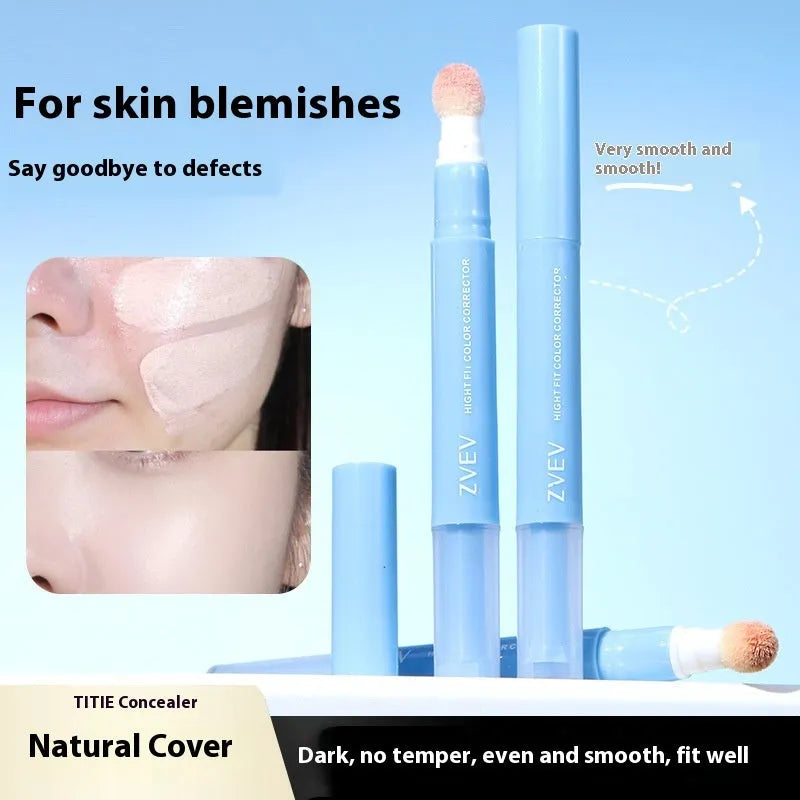 Concealer pen with sponge brush head applicator showing brightening, pink flesh, and flesh colour shades.