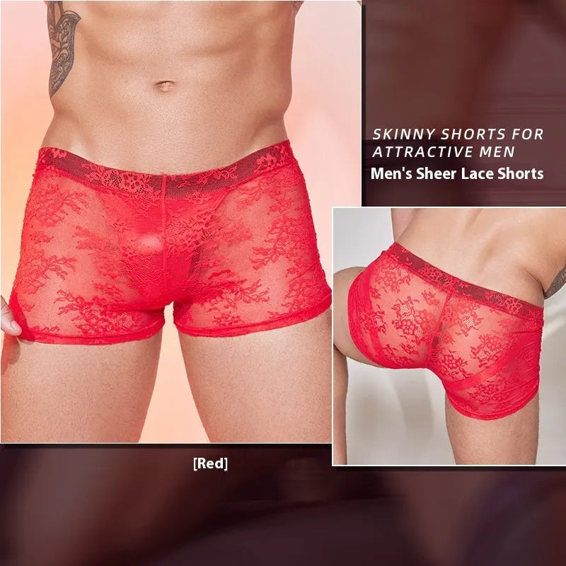 Black lace-trimmed men's nylon boxer briefs laid flat, showing elasticated waistband.
