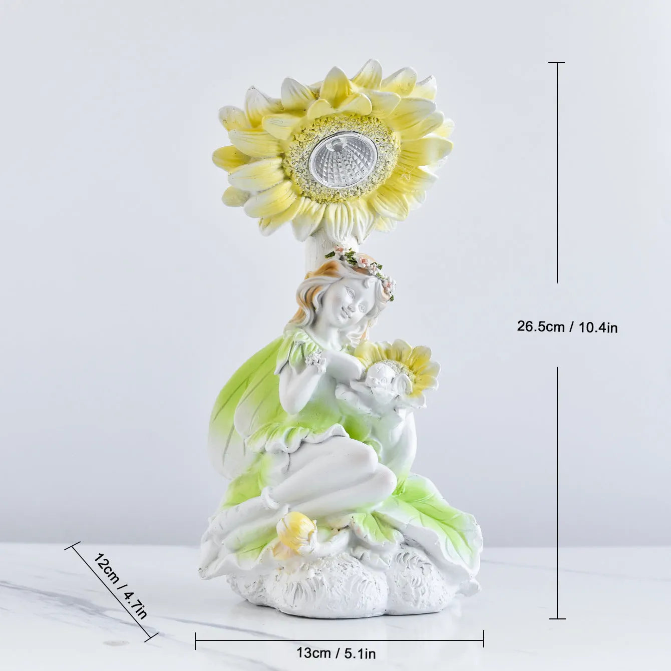 Solar hexagonal garden lamp with decorative resin figurine on plastic base for outdoor pathway lighting