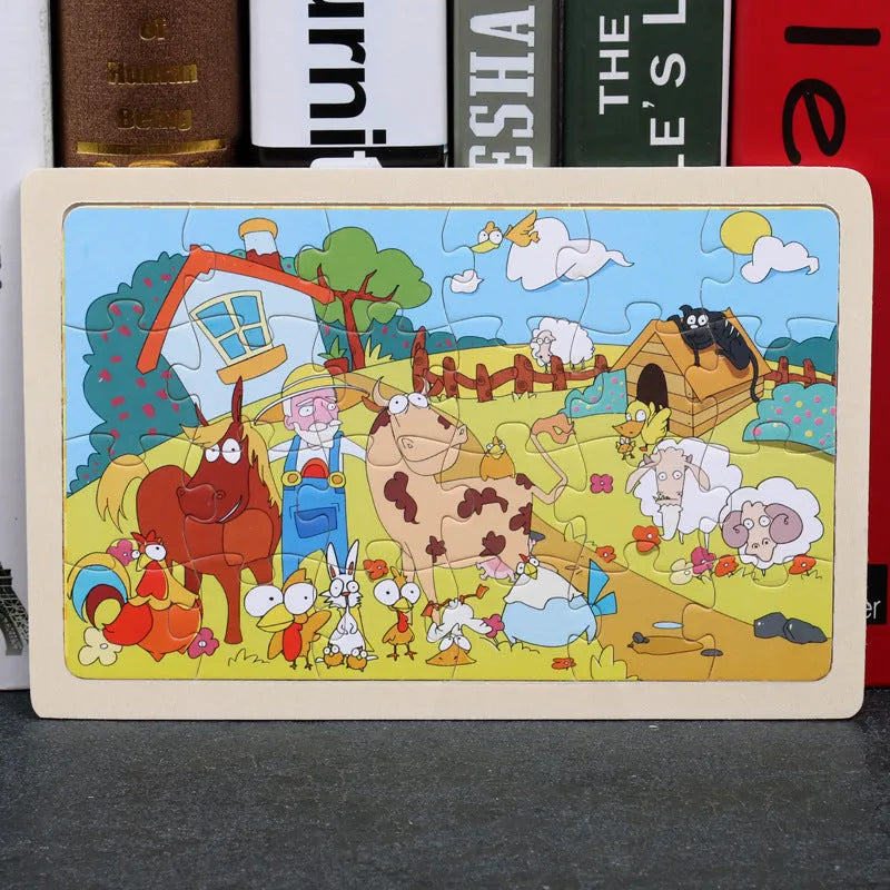 80-piece wooden animal puzzle set in iron box, designed for children aged 3 and over, featuring bear and riding themes