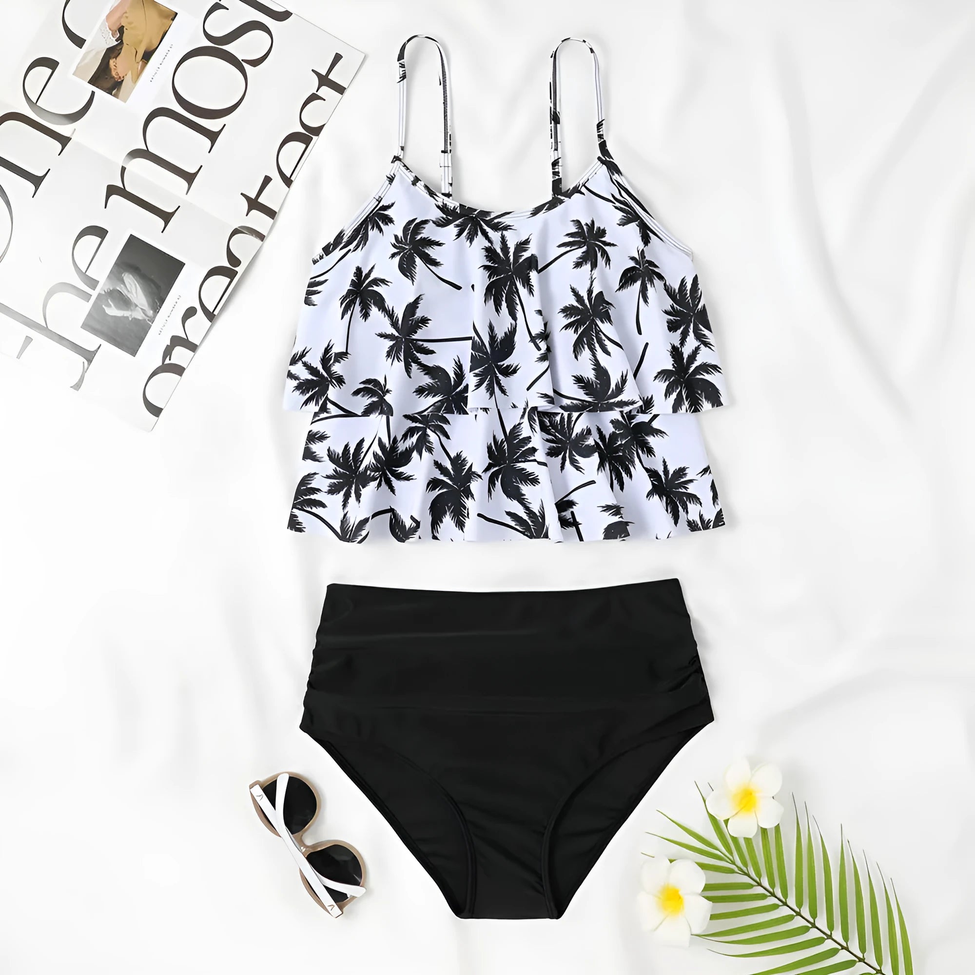 Women's high waist double-layer swimsuit with coconut tree print pattern