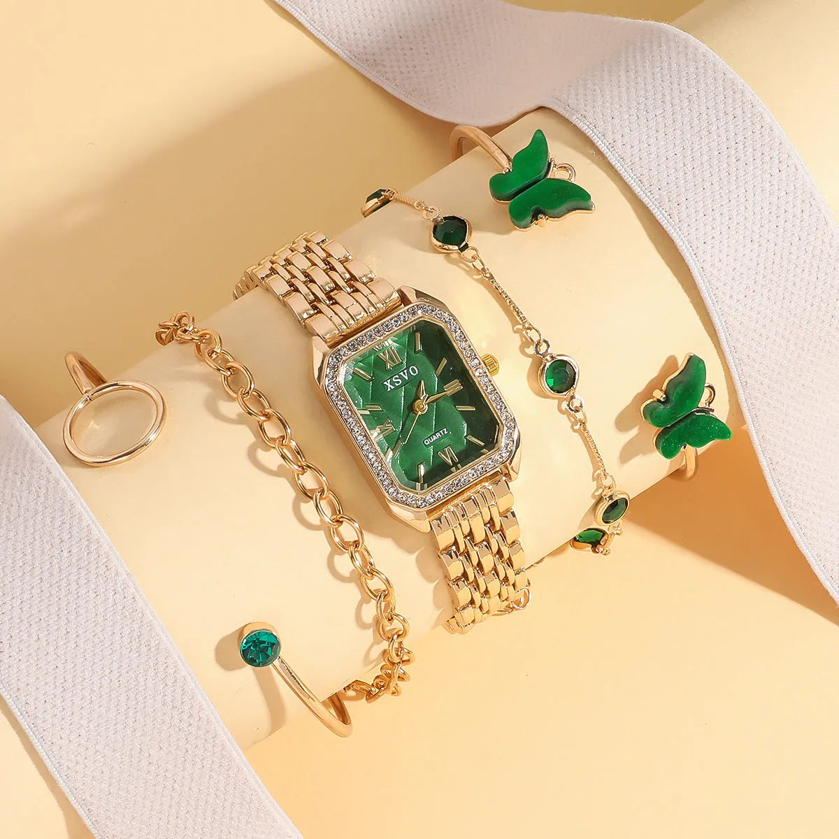 Gold green square women's watch with four matching alloy bracelets in gift set