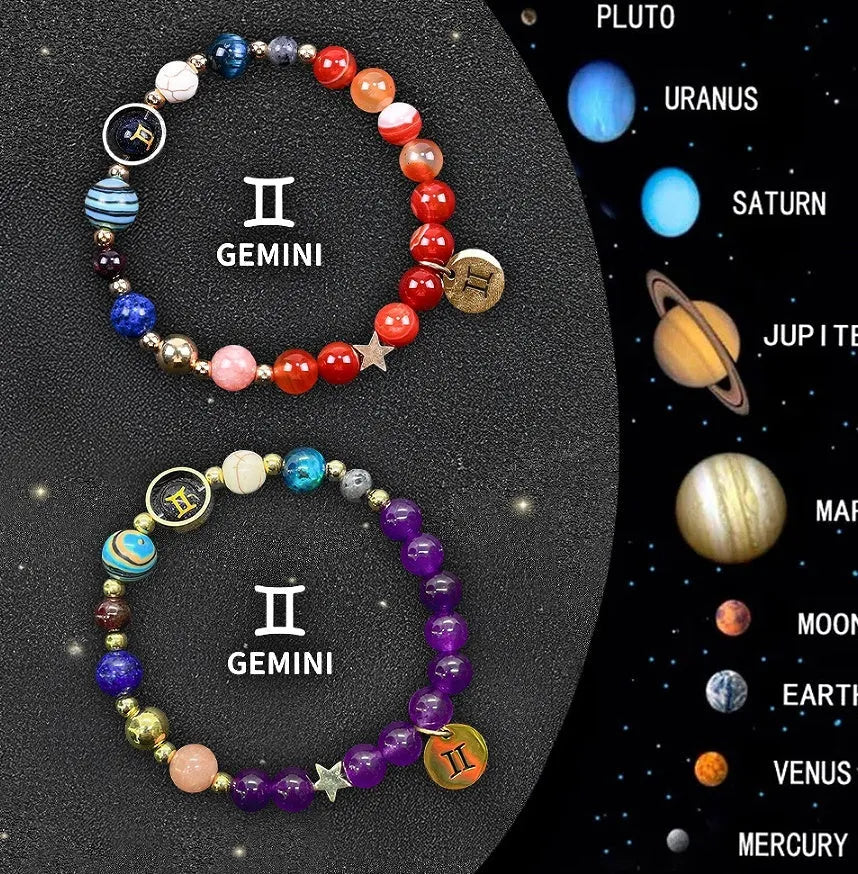 Natural stone zodiac sign bracelet set showing two adjustable bracelets with twelve zodiac designs