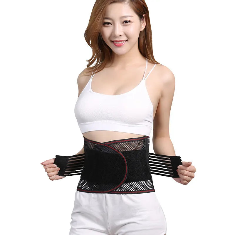 Black breathable sports waist support belt with an internal steel plate for lumbar stabilisation.