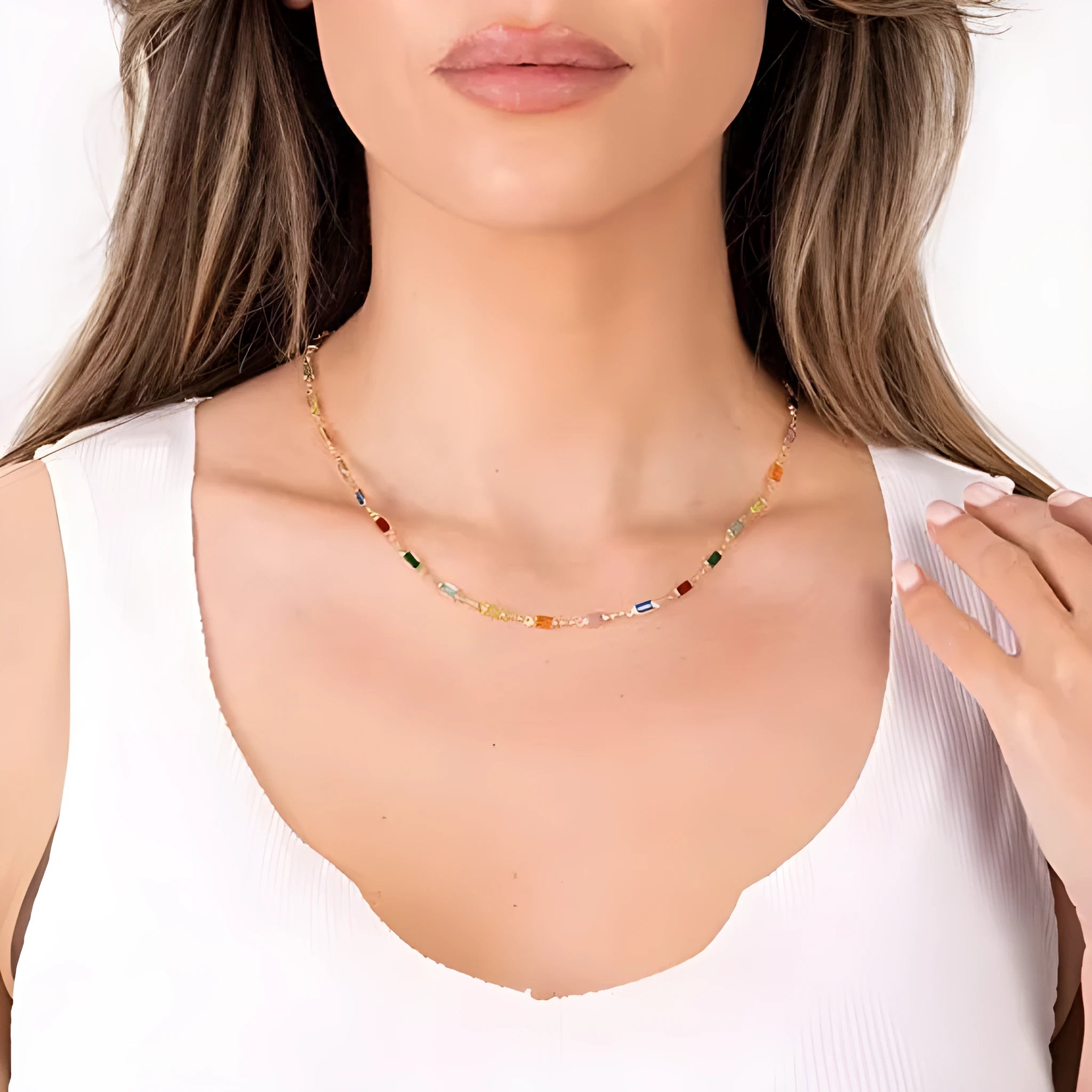 Ladies geometric glass pendant necklace on alloy chain with adjustable 41-50cm length