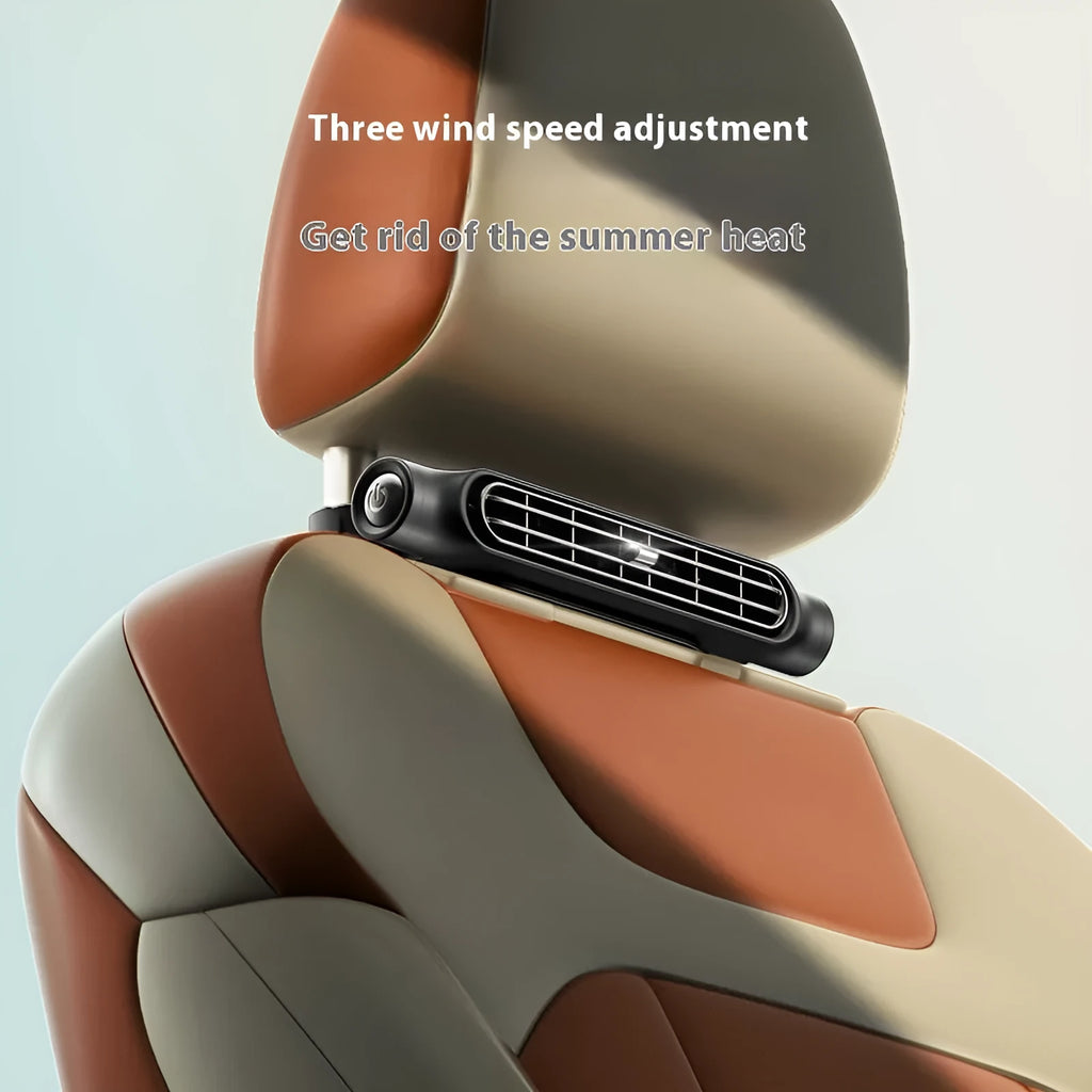 USB car seat fan with velcro strips in black, white, and beige colour options on a car headrest