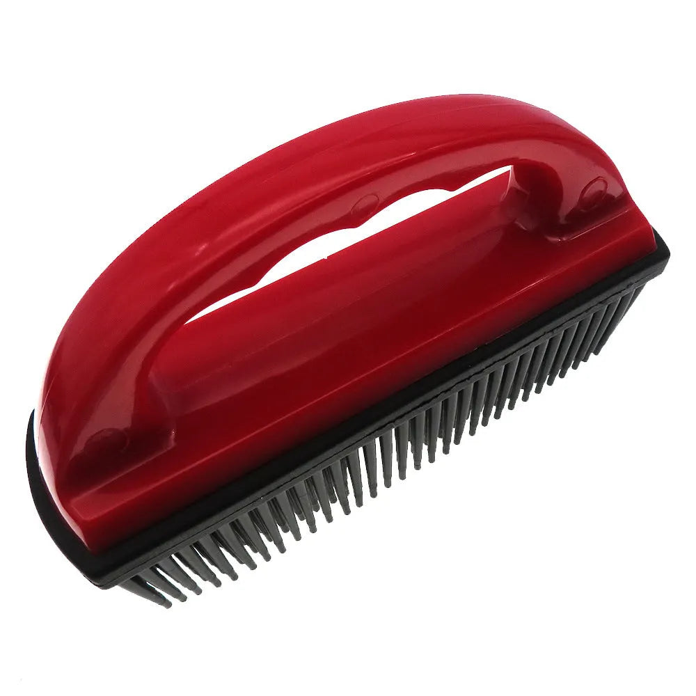 Red pet grooming brush with hair removal and massage functions for bath time and carpet cleaning