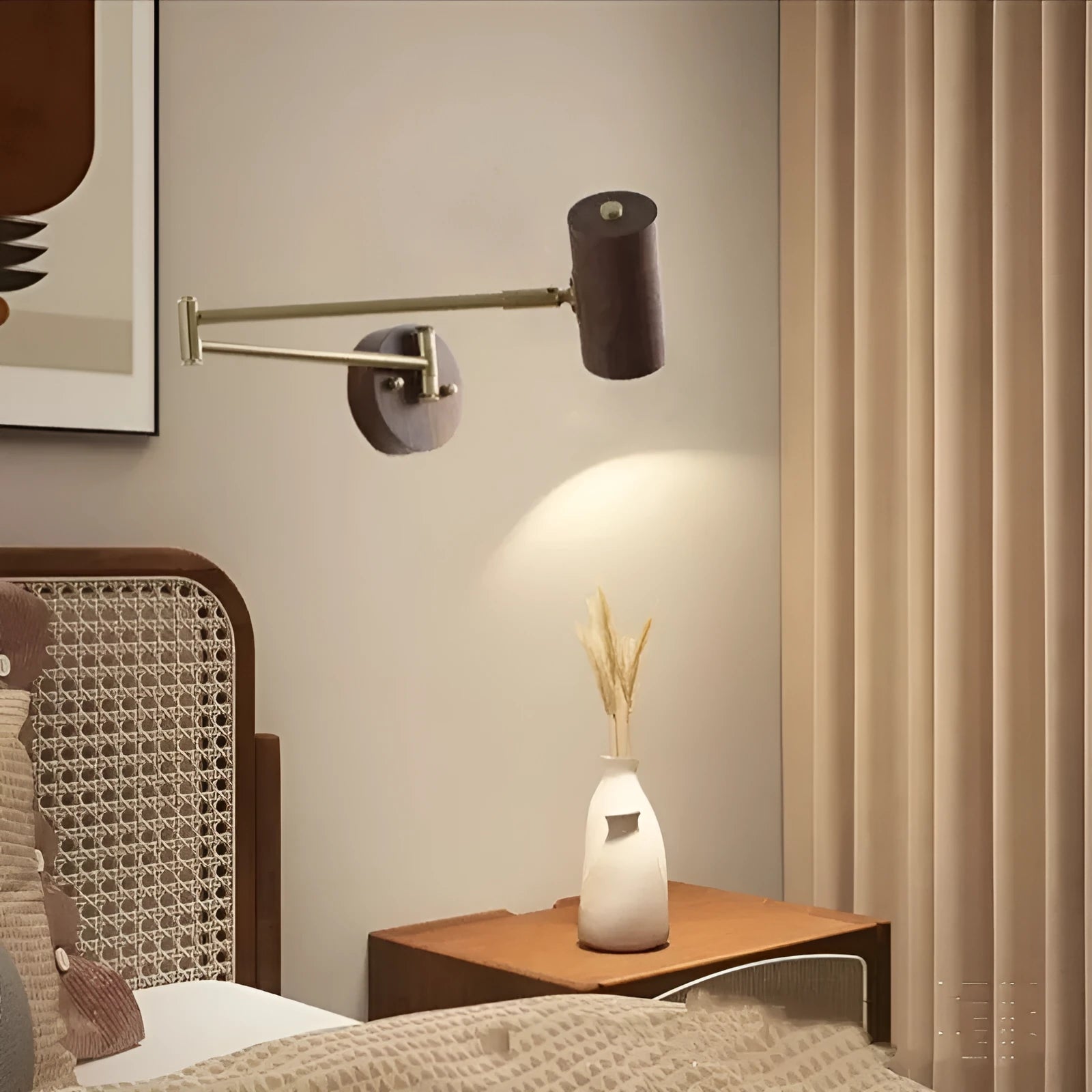 Retro style wall lamp with a long rotating metal arm and a conical shade, shown in a walnut wood finish.