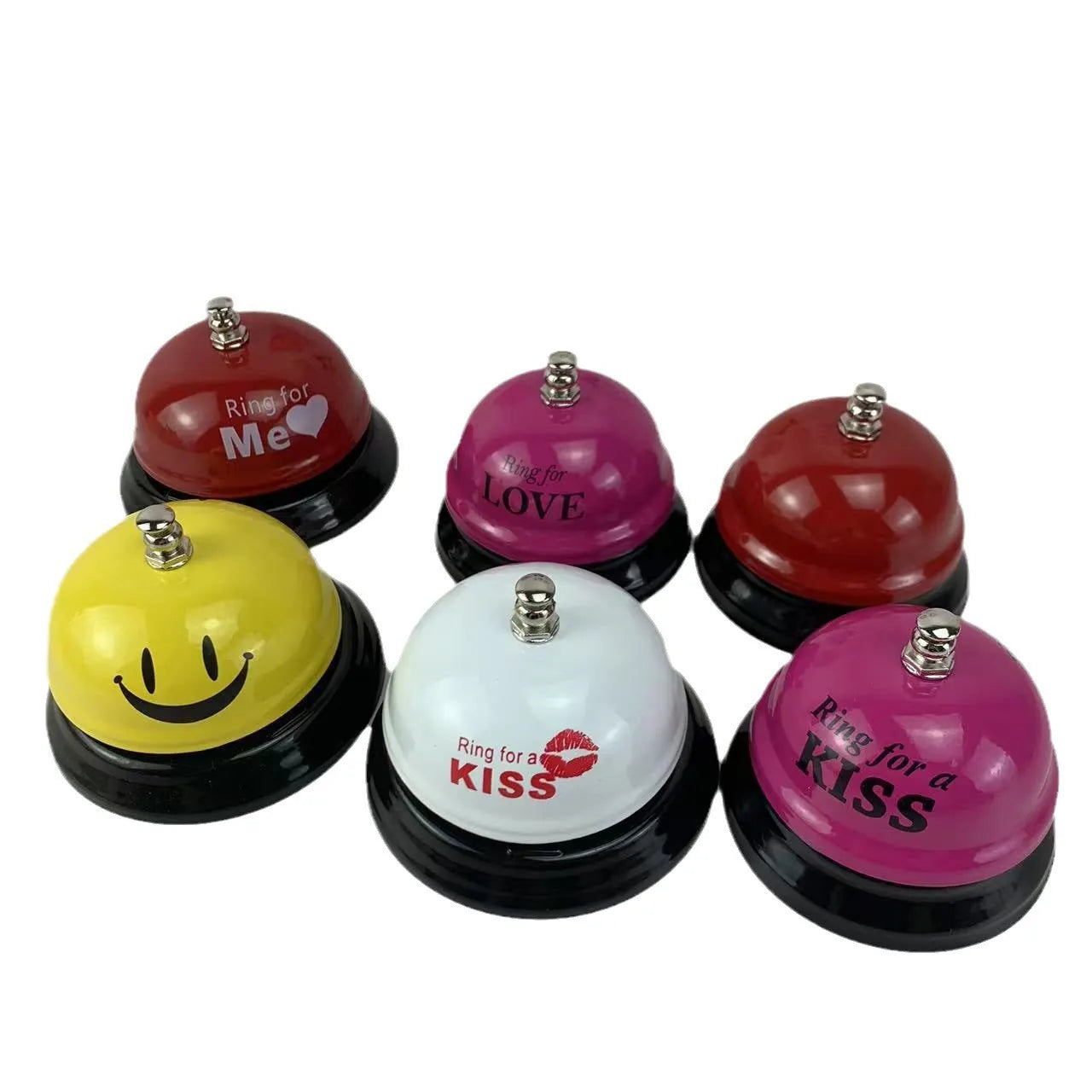 A multi-colour iron hand bell for games, classrooms, or restaurant service.