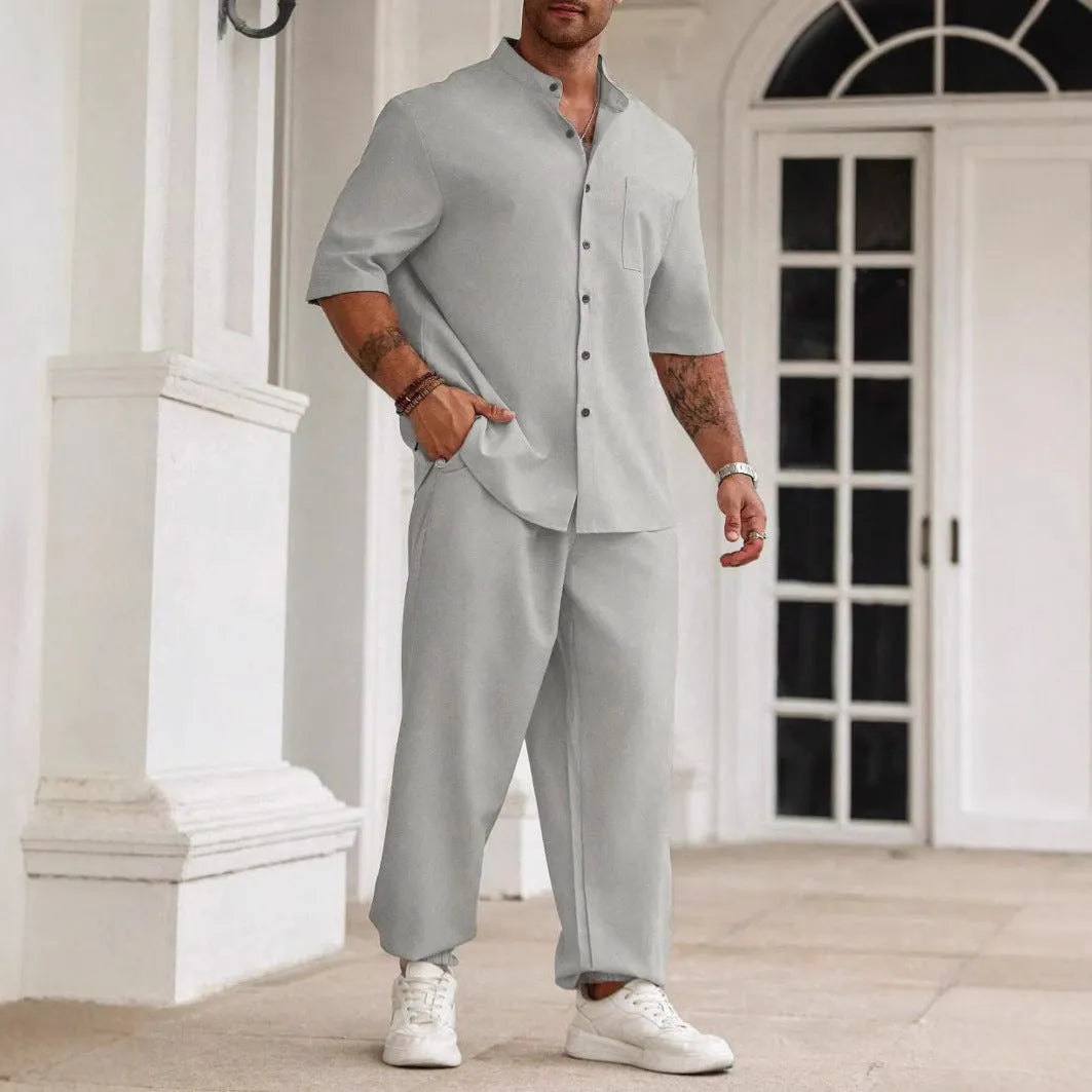 Men's cotton linen casual trousers set with short-sleeved button shirt in black, gray, or apricot