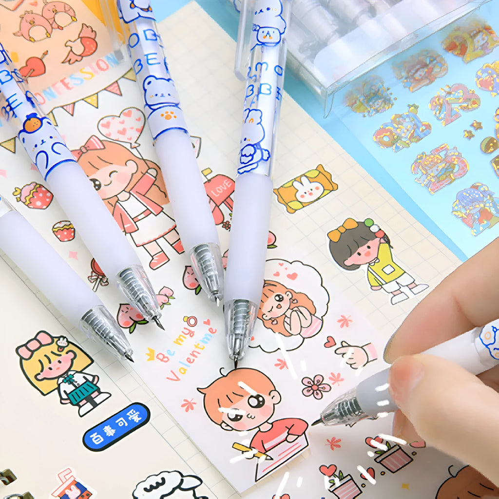 Bear press pen knife set showing six animal designs including orange bear, doll bear, and gourmet bear models